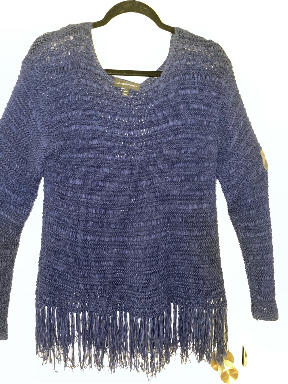 Navy Open weave Sweater with 6” Fringe Hem Acrylic/ Nylon 14-16 XL.